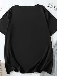 SHEIN Unity Camiseta de cuello redondo con estampado de calavera de Halloween, top casual de manga corta para primavera y verano - Negro - Ver 2