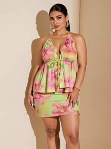 SHEIN BAE 大码女式花卉印花系带露背上衣和紧身迷你裙两件套，度假风格海岛度假装，返校女童服装，女童夏装，秋装，校服，万圣节，冬季，Y2k 服装，复古，度假装女士