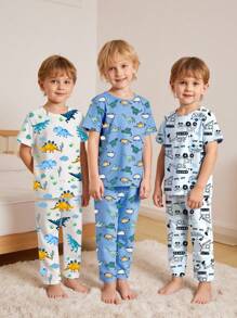 6pcs/Set Young Boy Dinosaur & Car Print Snug Fit Short Sleeve Top And Long Pants Pajama Set Boy Pajama Sets Back To School Fashion