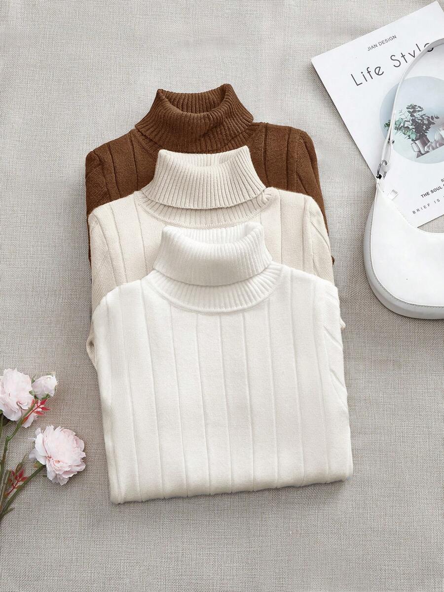 SHEIN LUNE 3pcs/Set Women's All-Match Classic Versatile Pullover Warm Casual Sweaters, Autumn/Winter Turtleneck Sweater Women Women Turtleneck Tops Knitted Turtleneck Top High Neck Sweater Ribbed Turtleneck Sweater - Multicolor - View 1