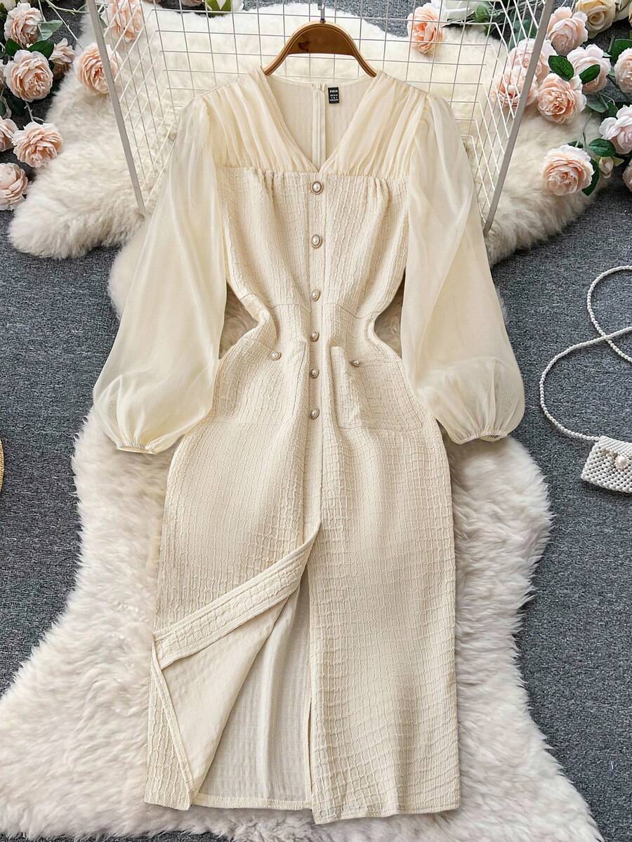 Franclia Vestido elegante de mujer con mangas de farol y parches - Albaricoque - Ver 1