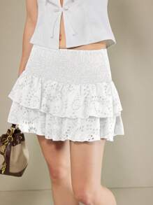 Muvela Women's Vacation Waist Drawstring Embroidered Ruffle Hem Short Skirt, Ruffle Layered Mini Skirt, Summer - White - View 1