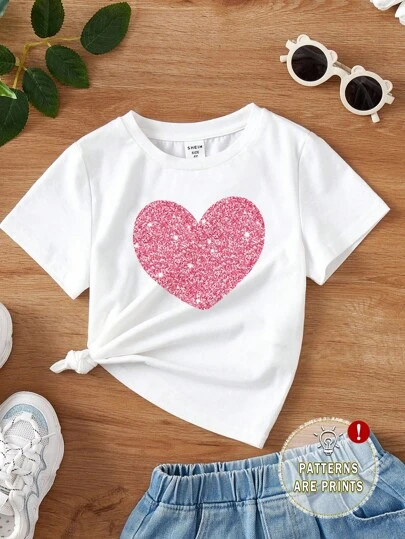 SHEIN Young Girls' Casual Heart Print Short Sleeve T-Shirt, Suitable For Summer