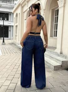 Jeanoix Plus Size Women Casual Sleeveless Tie Front Jacket - Dark Wash - View 2