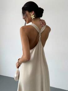 Firerie Váy dài không tay thoải mái, rộng rãi, giống vải lanh dành cho nữ, thích hợp mặc hàng ngày, đi biển, đi làm, đi nghỉ, theo phong cách Bohemian, Hawaii, Xuân/Hè - Màu be - Xem 10