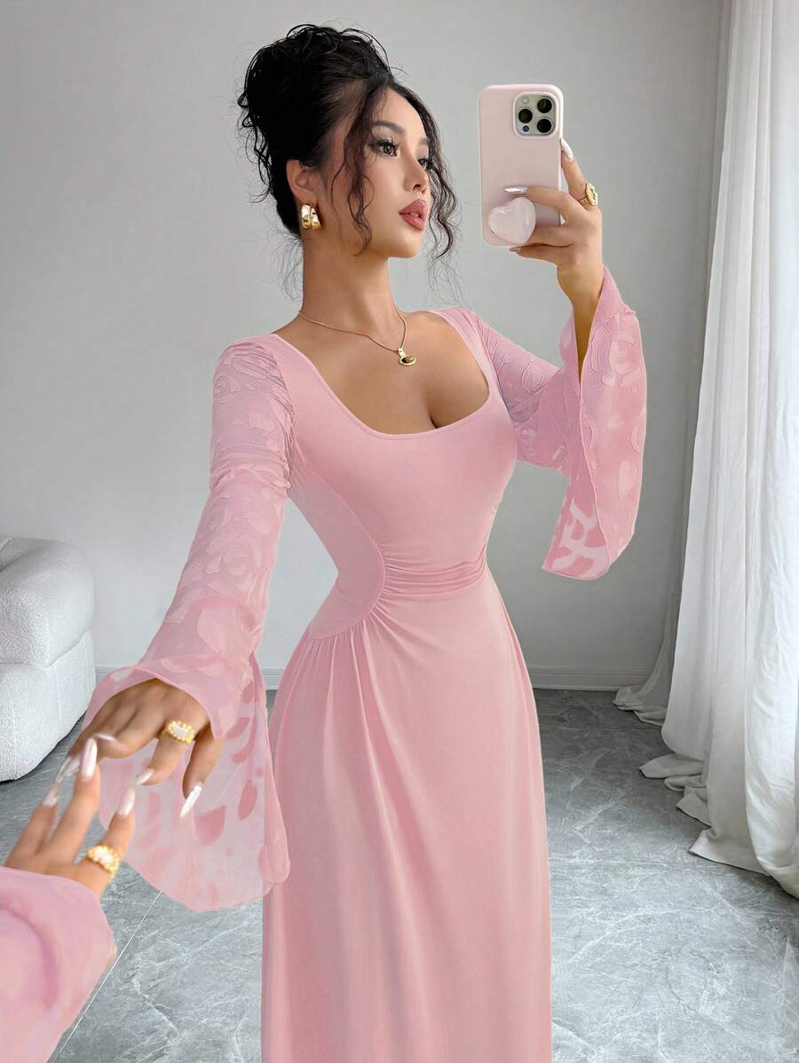 Selianne 新季法式黄色长袖方领女装，设计感十足，修身优雅，精致提花网眼长袖连衣裙 - 粉色 - 查看 1