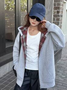 DAZY 少女宽松格子拼接卫衣，休闲宽松格子设计，秋季休闲风，宽松格子，秋季 - 灰色 - 查看 4