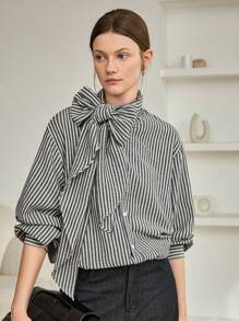 Dazy-Less Women's Striped Ribbon Collar Loose Business Casual Office Blouse With Bowknot Sash Long Sleeve Shirt, Autumn/Winter - Grey - View 6