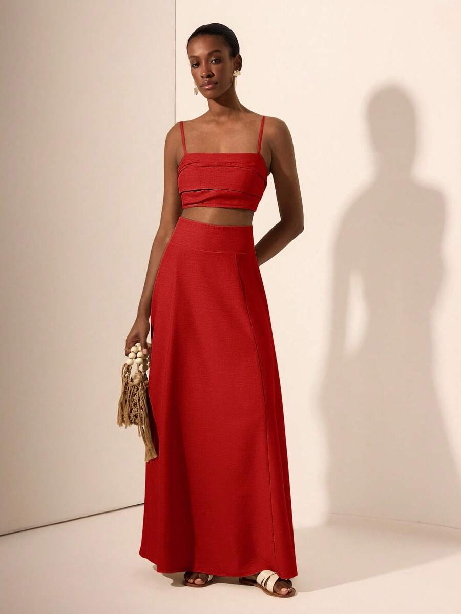 Zivah 2025 年夏季新款女士两件套，适合音乐节、复活节、圣帕特里克节、波西米亚风、生日派对、毕业典礼、日常穿着、休闲装、度假装、邮轮装、海滩装、日光浴装、时尚装、荷叶边、细肩带、麻花针织、竹纤维、亚麻布、卡其色 - 紅色 - 查看 1