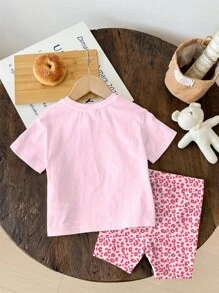 SHEIN 两件套可爱甜美粉色豹纹蝴蝶结印花芭蕾舞风格少女休闲简约短袖短裤套装，适合夏季、休闲夏日、度假风、返校季，2000年代风格，Y2K女孩蝴蝶结衬衫女孩豹纹印花服装套装女孩夏季套装少女服装夏季 - 彩色 - 查看 4