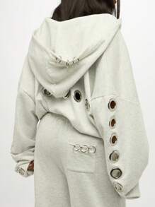 SUMWON WOMEN 超大羊毛连帽夹克拉链金属孔眼细节休闲街头时尚长袖冬季秋季时尚运动衫 - 灰色 - 查看 5