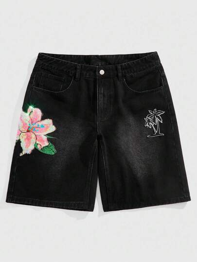 Street Life Shorts vaqueros de verano casuales y de calle para hombre con estampado de flores de lentejuelas, árbol de coco y parches