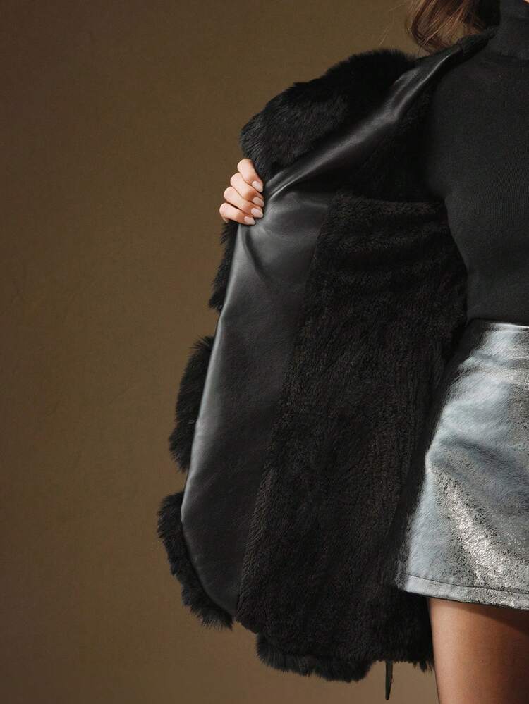 Faux Fur Collar Patchwork Waist Cinched Waist Autumn/Winter Coat, Elegant, Formal, Party, Chic, Suitable For New Year, Christmas, Work, Graduation