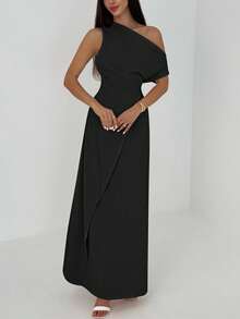 Aloruh Women's Solid Color Ruched Asymmetric Hem Dress,Elegant Dresses For Women,Fall Wedding Guest Dress - Black - View 4
