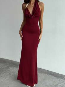 Aloruh Váy hở lưng xếp ly màu trơn dành cho nữ - Màu Đỏ Sâu - Xem 7