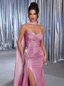 Glamrae Đầm dạ hội dài đuôi cá dài bồng bềnh, cổ áo vỏ sò đính tay, xẻ tà gợi cảm màu hồng bụi thanh lịch và quyến rũ - Hồng - Xem 2
