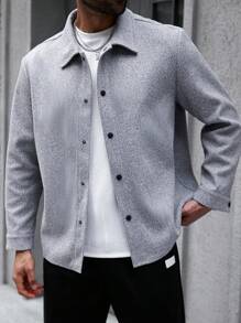 Manfinity Homme Plus Size Men's Casual Solid Color Overcoat, Light Grey , Fall Winter