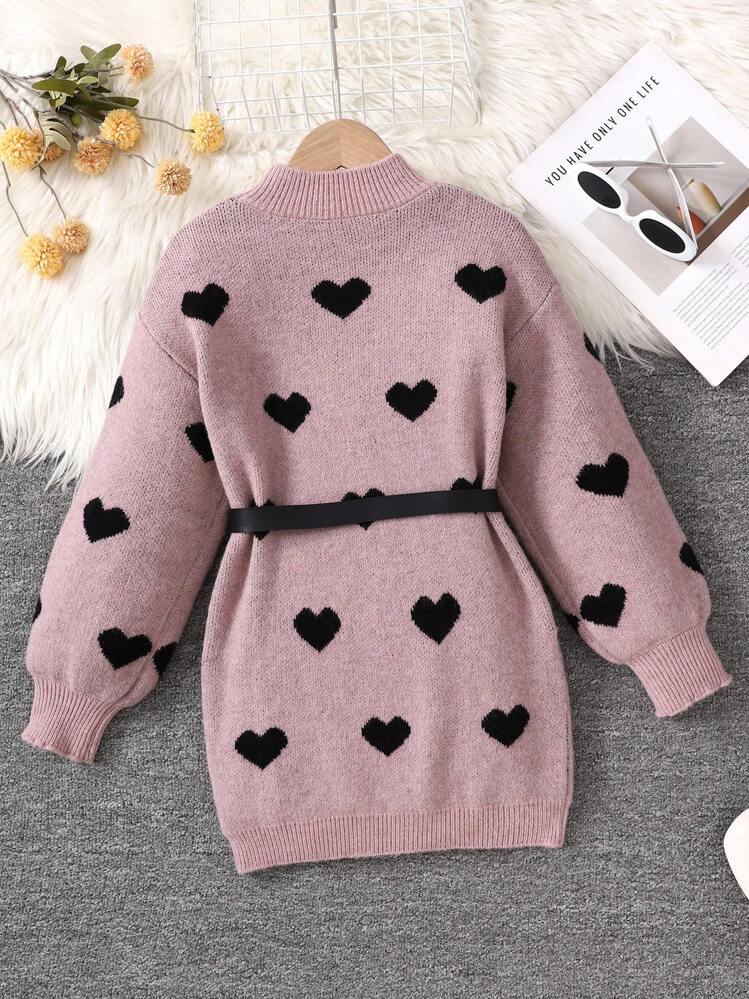 SHEIN Tween Girls' Casual Loose Fit Long Sleeve Crew Neck Sweater Dress Girls Sweater Dress Pink Sweater Dress Heart Sweater Dress Girls Heart Dress Tween Sweater Dress Fall Winter - Dusty Pink - View 2