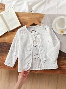 SHEIN 女童优雅白色镂空花卉面料圆领单扣耸肩夹克，秋季 - 粉色 - 查看 3