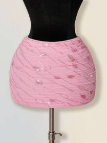 SHEIN ICON Váy ôm sát thời trang dự tiệc sinh nhật về quê cho nữ, xếp ly kim sa màu hồng lấp lánh - Hồng - Xem 2