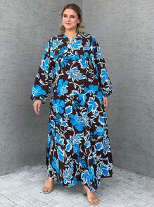 EURMUSE Đầm suông rộng tay đèn lồng cổ buộc họa tiết hoa cỡ lớn dành cho nữ - Màu xanh lam - Xem 3