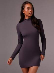 Athîral Women's Casual Backless Long Sleeve Bodycon Sports Dress - Purple - View 2