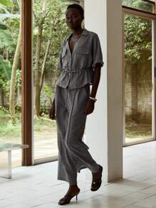 Lumivelle 女士休闲夏季 V 领纽扣前上衣和裤子两件套 - 灰色 - 查看 6