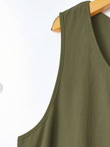 Rusticease 大码乡村风格无袖口袋褶边 A 字及膝连衣裙，黄色，春夏 - 軍綠色 - 查看 6