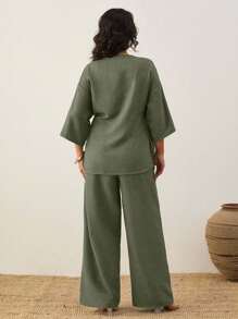 EURMUSE 女式纯色休闲不对称短袖上衣和休闲阔腿裤 - 軍綠色 - 查看 2