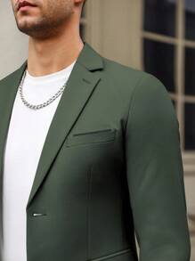 Calvornis 男士简约纯色翻领西装外套和裤子套装，适合工作和通勤 - 軍綠色 - 查看 3