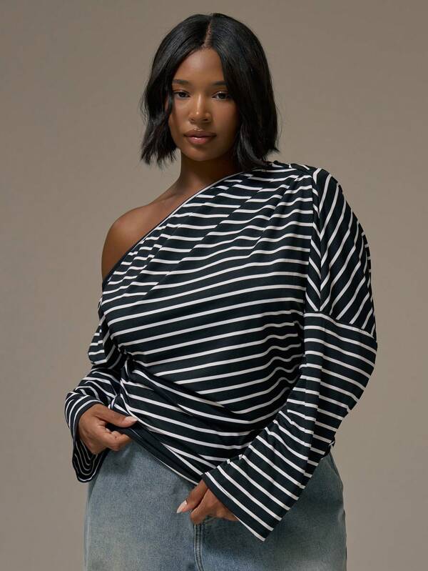 MUSERA Plus Size Stripe Asymmetric Shoulder Long Sleeve Top Cute Summer Holiday Elegant Vacation Romantic Curve Week