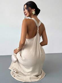 Firerie Váy dài không tay thoải mái, rộng rãi, giống vải lanh dành cho nữ, thích hợp mặc hàng ngày, đi biển, đi làm, đi nghỉ, theo phong cách Bohemian, Hawaii, Xuân/Hè - Màu be - Xem 3