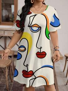 SHEIN LUNE Vestido casual de manga corta cuello redondo con estampado de retrato abstracto, talla grande, verano