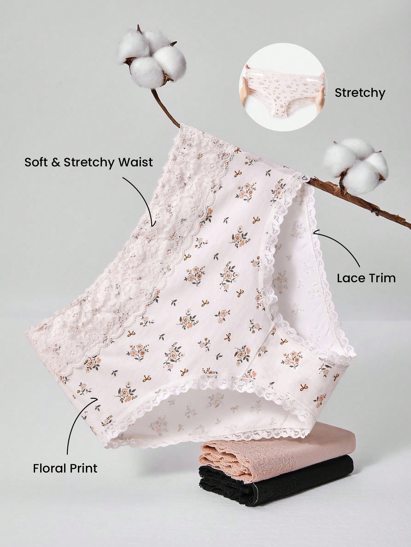 3-Pack Lace Trim Cotton High-Waist Briefs Panties Set