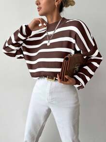 EURMUSE Áo len cổ tròn trễ vai họa tiết sọc đơn giản, dáng rộng dành cho nữ, mùa thu - màu nâu - Xem 5
