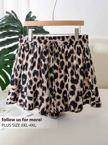 CosyJoli Plus Size Leopard A-Line Ruffle Hem Casual Shorts,Slightly Sheer