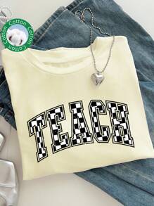 INAWLY Women's Summer Letter Print Round Neck Short Sleeve Casual Versatile T-Shirt, Suitable As A Gift For Teachers - Apricot - View 3