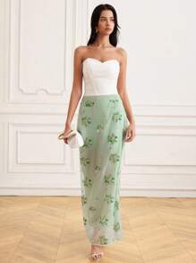 BELROSIE Falda de cintura con bordado de flor de perla transparente, adecuada para vacaciones en la isla, luna de miel, graduación, boda de verano, playa, graduaciones - Verde - Ver 3