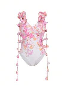 Swim Oasis Women's Romantic Floral Gradient Print One-Piece Set With 3D Flower And Tassel Decor For Summer Beach Vacation