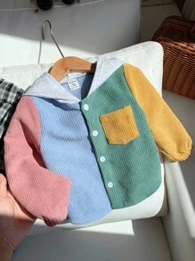 SHEIN 1 件男婴休闲灯芯绒拼布连帽外套，适合秋冬夏季 - 彩色 - 查看 7