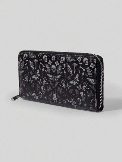 Goth 1pc Women's Simple Butterfly Skull Zipper Wallet, Long Coin Purse