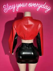 Slaydiva 秋冬休闲街头摩托车风格圆领长袖超剪裁PU女式赛车短款夹克