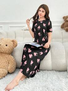 少女舒适心形印花短袖长款睡袍