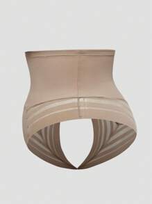 SHAPORA Plus Size Women's Minimalist Solid Color High Neck Patchwork Sheer Striped Shapewear Bottom - Khaki - View 4
