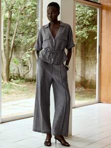 Lumivelle 女士休闲夏季 V 领纽扣前上衣和裤子两件套 - 灰色 - 查看 3