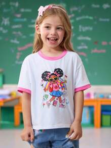 SHEIN Young Girl White Summer School Back-To-School Cartoon Pattern Contrast Color Round Neck Short Sleeve T-Shirt For Kindergarten Daily Wear Photo Shoots - White - View 2