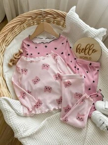 4pcs/Set Baby Girl Cute Heart & Kitty Pattern Ruffle Trim Crew Neck Long Sleeve Shirt And Pants Comfy Loungewear Set, For Christmas Print - Baby Pink - View 3