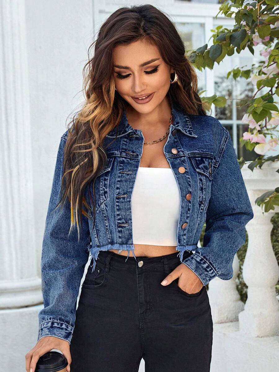 EMERY ROSE Flap Detail Raw Hem Crop Denim Jacket - Dark Wash - View 1