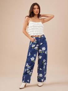 WESTFADE High Rise Floral Print Denim Cropped Barrel Leg Jeans Cute Fall Clothes For Women Country Concert - Medium Wash - View 4