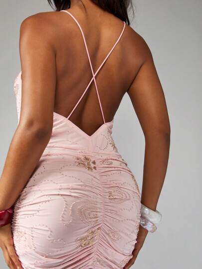 MISSGUIDED Mesh Embellished Cowl Neck Mini Dress With Ruched  DetailMISSGUIDED